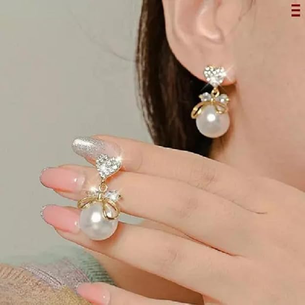Korean Studded Bow Heart Big Pearl Drop Earrings For Women And Girls