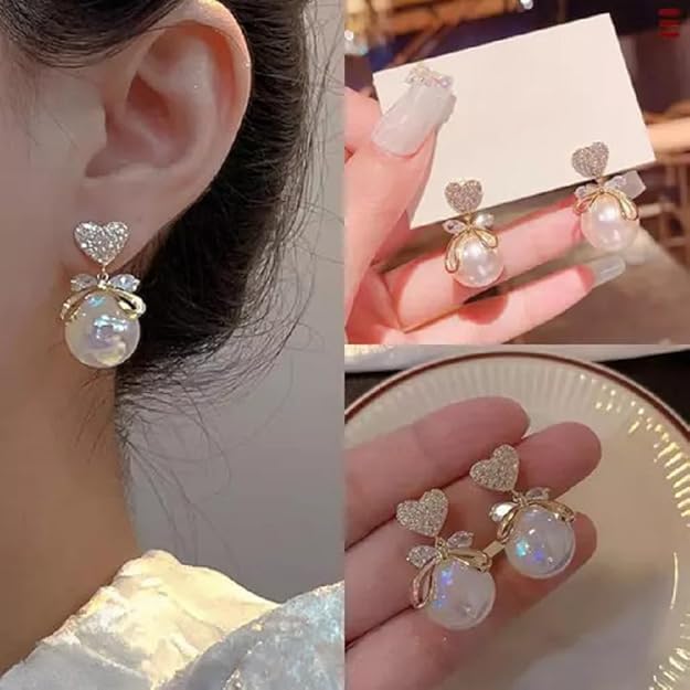 Korean Studded Bow Heart Big Pearl Drop Earrings For Women And Girls
