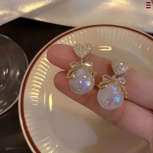 Korean Studded Bow Heart Big Pearl Drop Earrings For Women And Girls