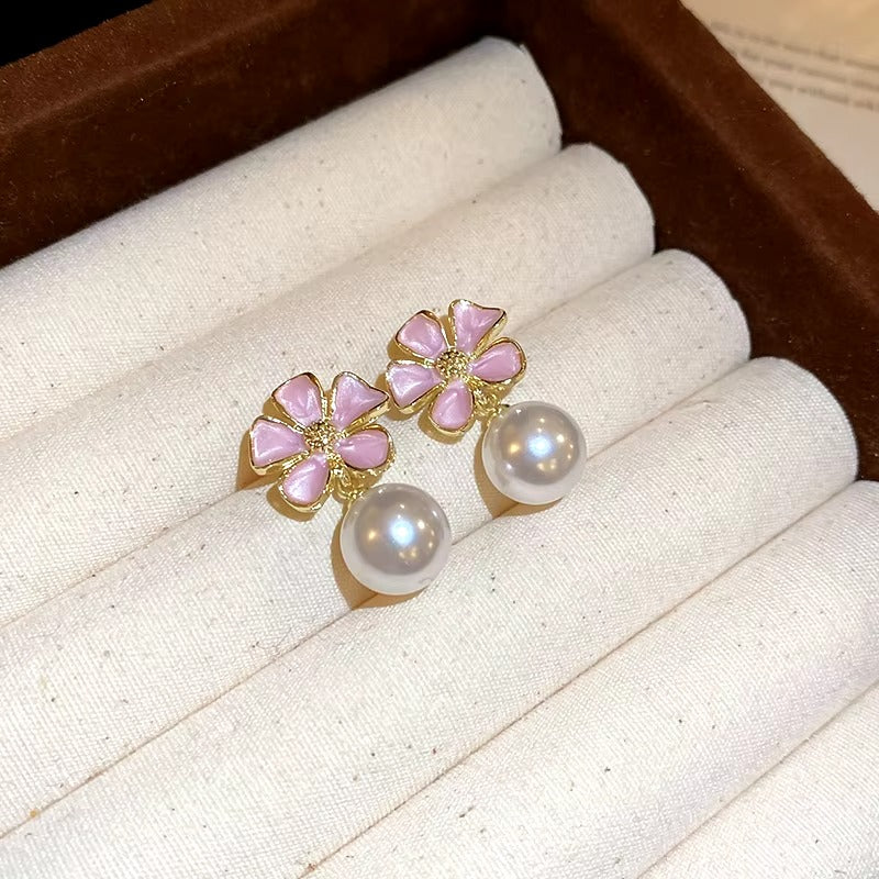 Pink Enamel Petal Flower Pearl Stud Earrings