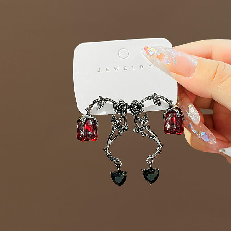 High-End Dark Vibes Liquid Rose Goth Style Earrings