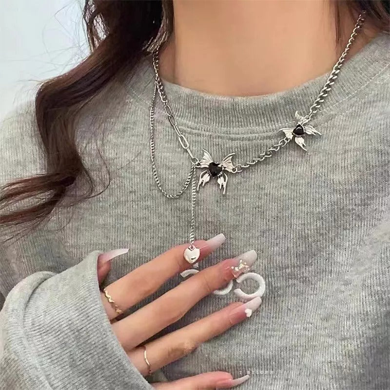 Black Butterfly Heart Tassel Necklace