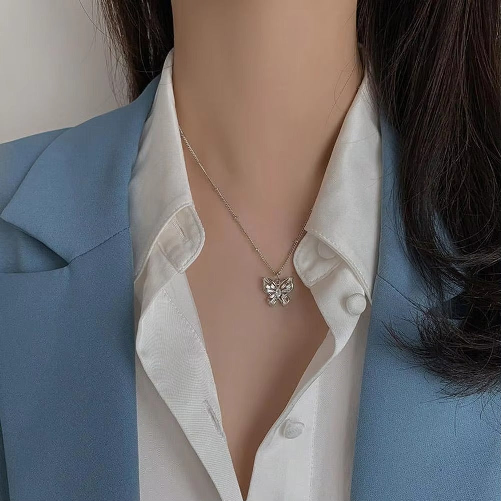 Dual Chain Butterly & Blue Stone Necklace