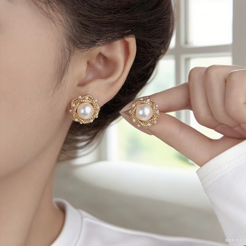 Camelia Flower Pearl Stud Earrings