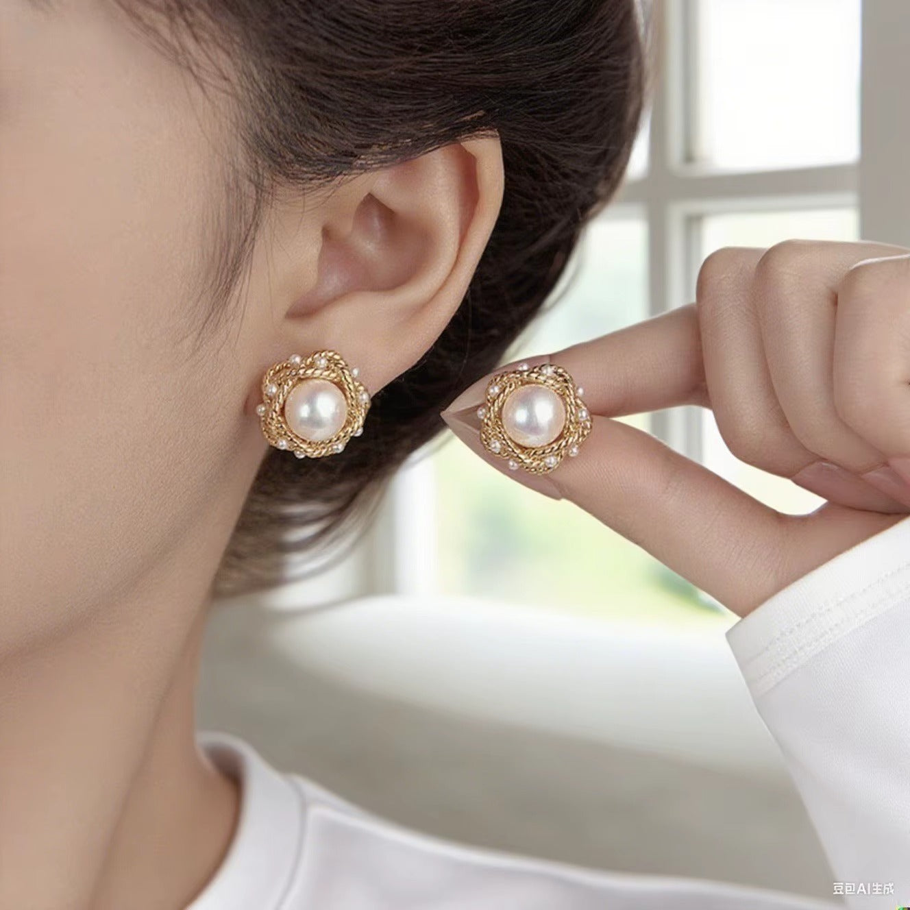 Camelia Flower Pearl Stud Earrings