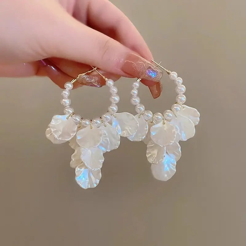 Lightweight Pearl Shell Flower Drop Hoop Earrings
