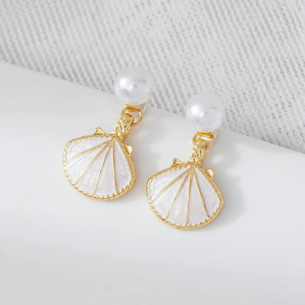 2 Combo Pack Pearl Oil Drip Shell Drop Earrings