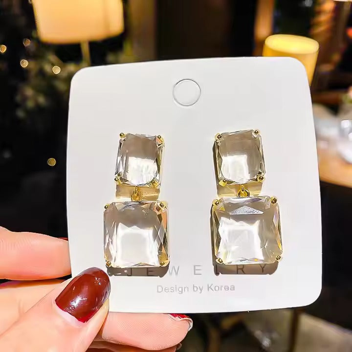 Transparent Glass Crystal Twin Square Earrings