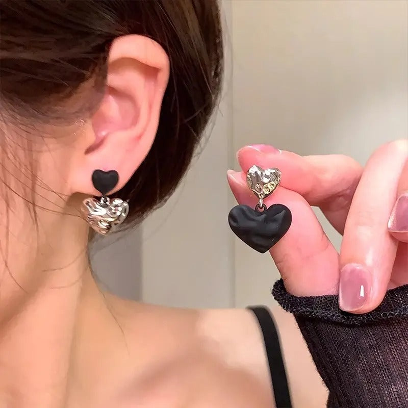 Black Texture Exchanged Love Heart Drop Earrings
