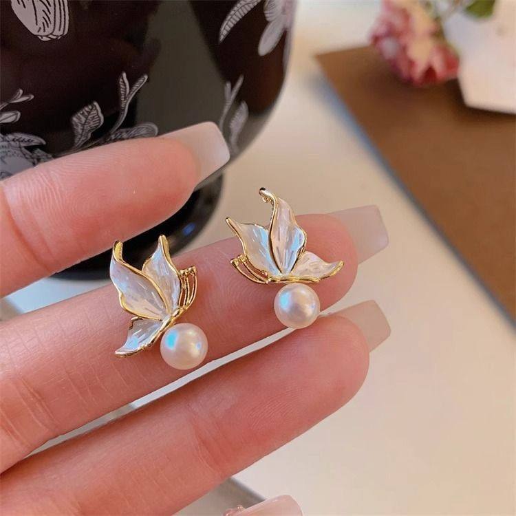 Enamel Butterfly Pearl Stud Earrings