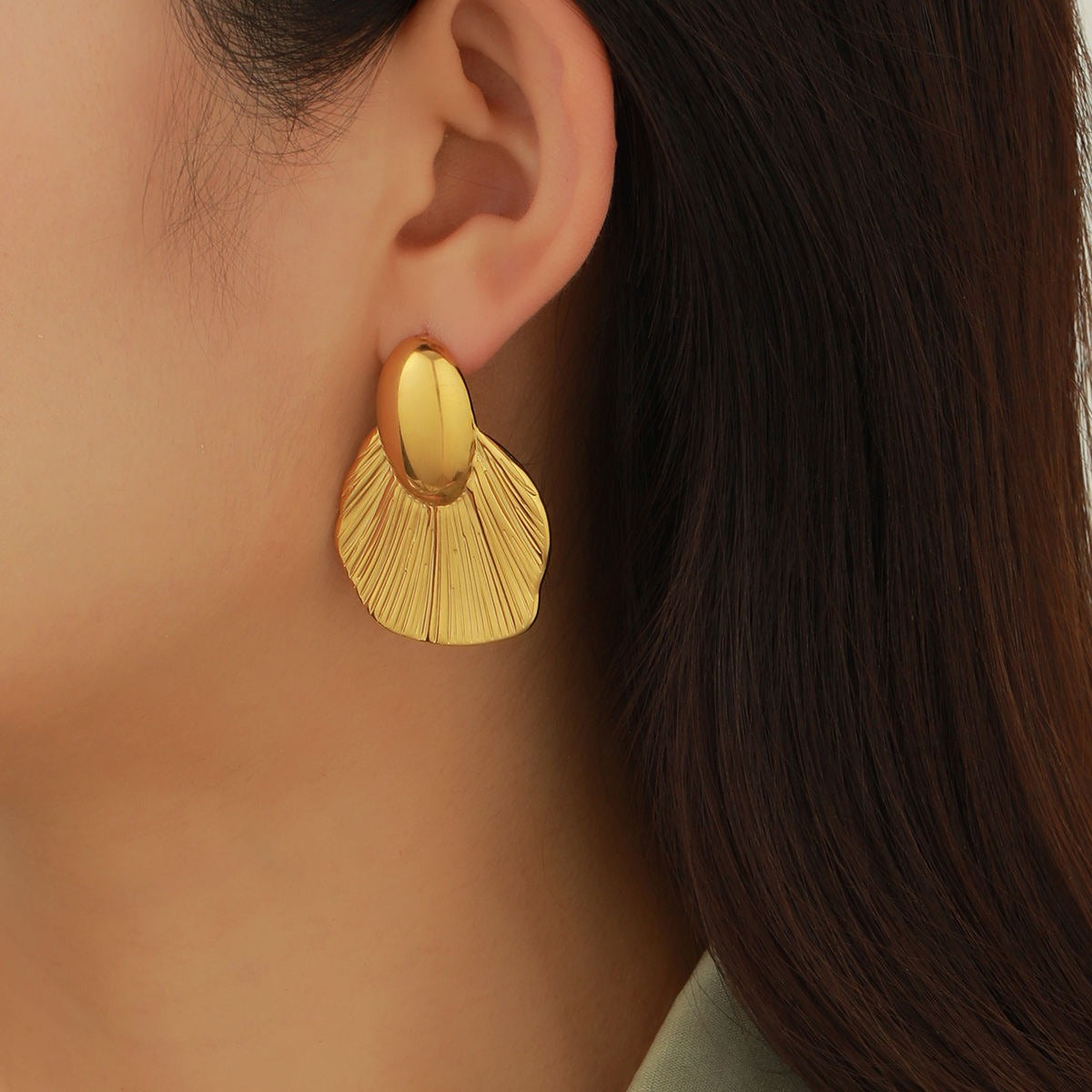 Golden Leaf Texture Style Stud Earrings