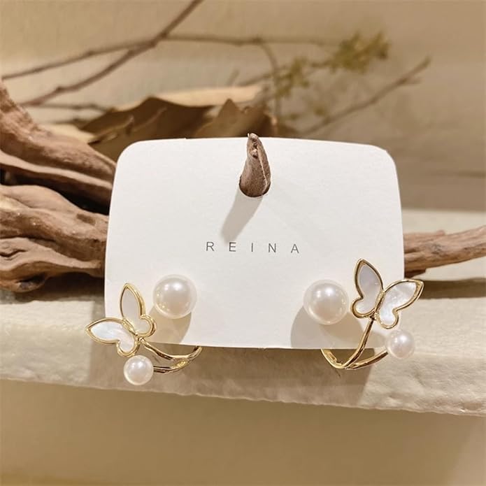 Elegant Enamel Drop Korean Butterfly Earrings – Pearl Stud