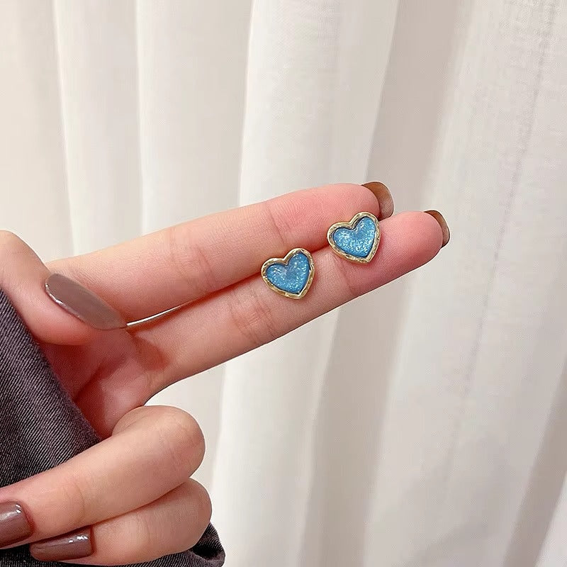 Korean Blue Heart Stud Earrings