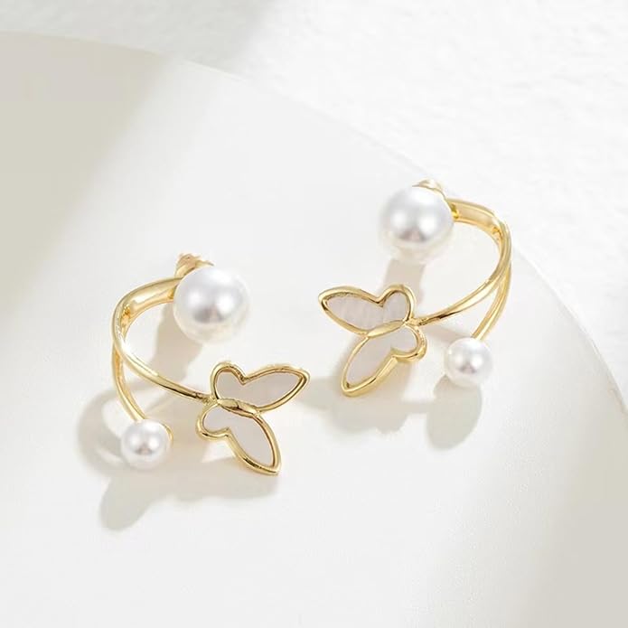 Elegant Enamel Drop Korean Butterfly Earrings – Pearl Stud