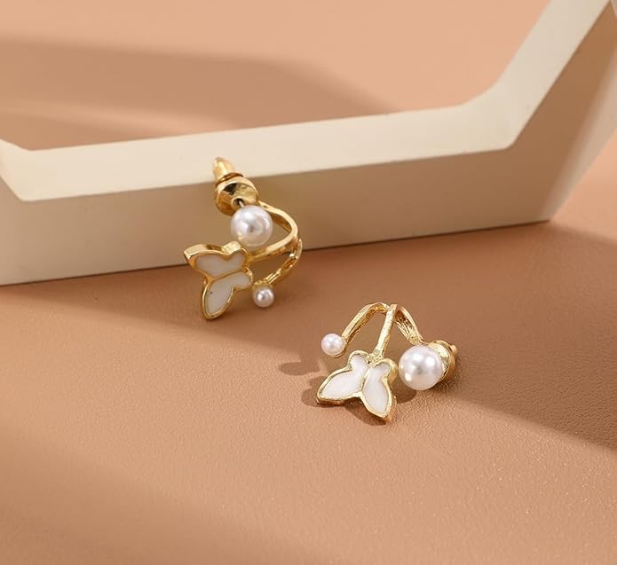 Elegant Enamel Drop Korean Butterfly Earrings – Pearl Stud
