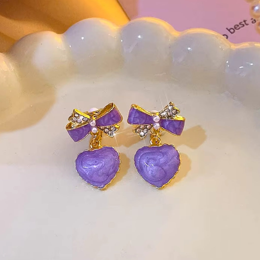 Lavender Bowknot Heart Drop Earrings