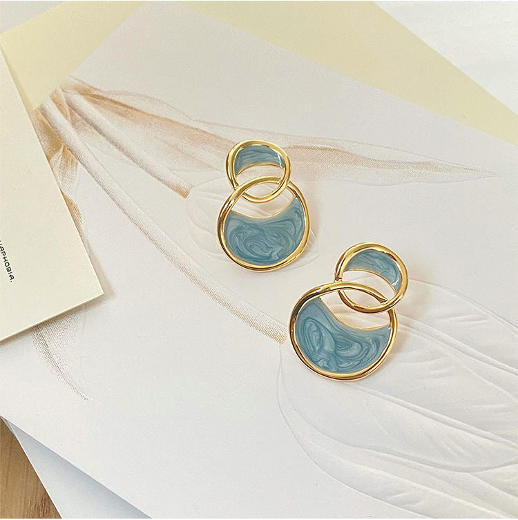 Blue Enamelled Double Arc Cross Enamel Stud Earring