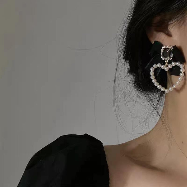 Pearl Around Heart & Bow Knot Oversized Stud Earrings
