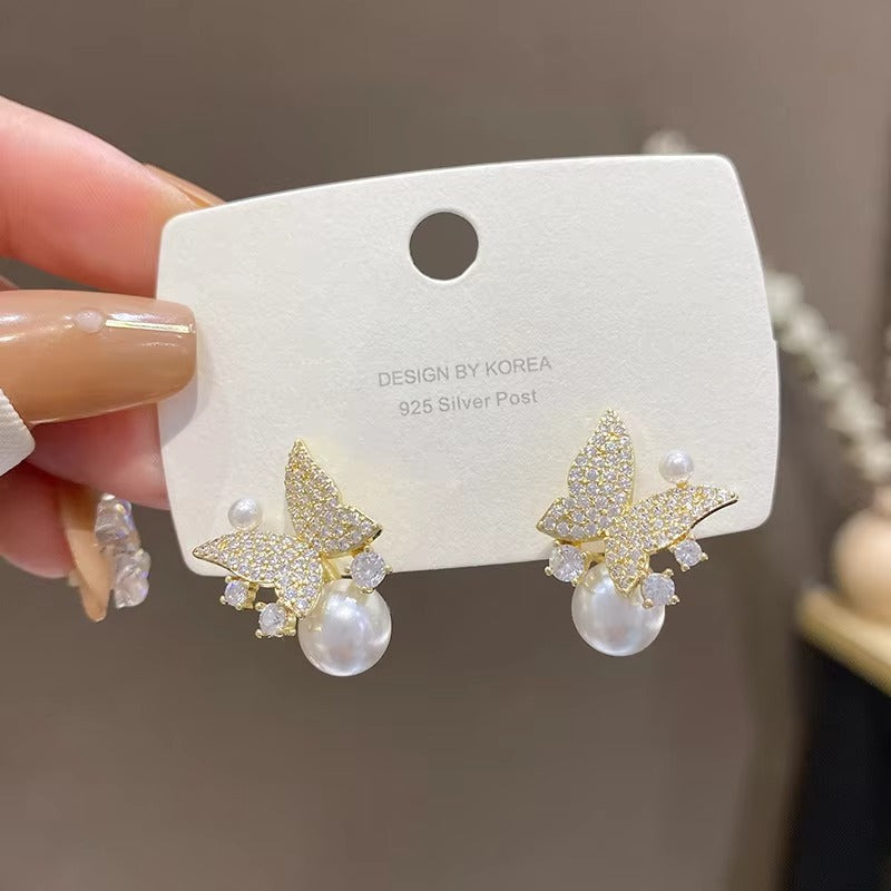 Stones Inlaid Pearl Butterfly Stud Earrings