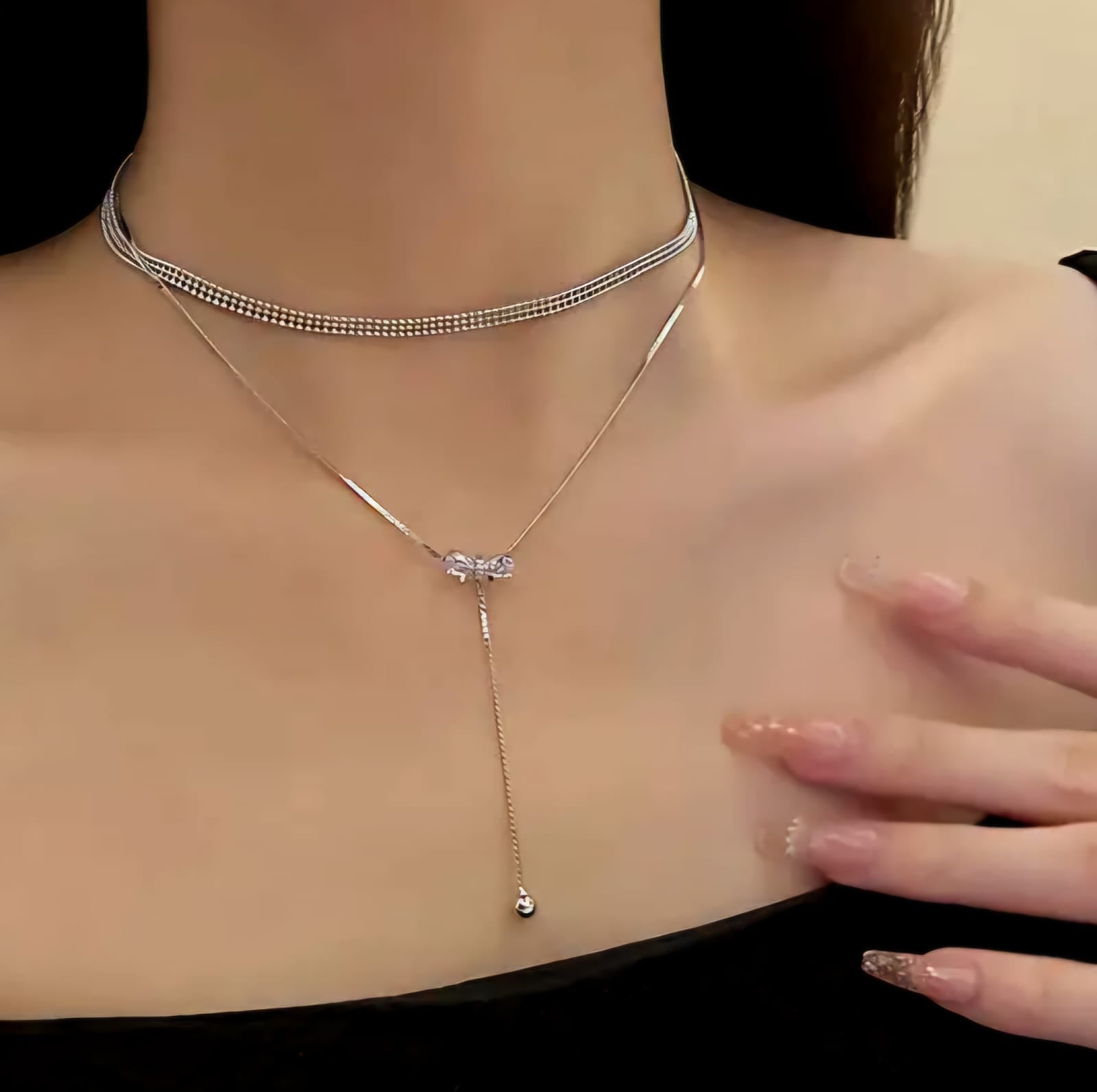 Bow Drop Dual Chain Choker Necklace