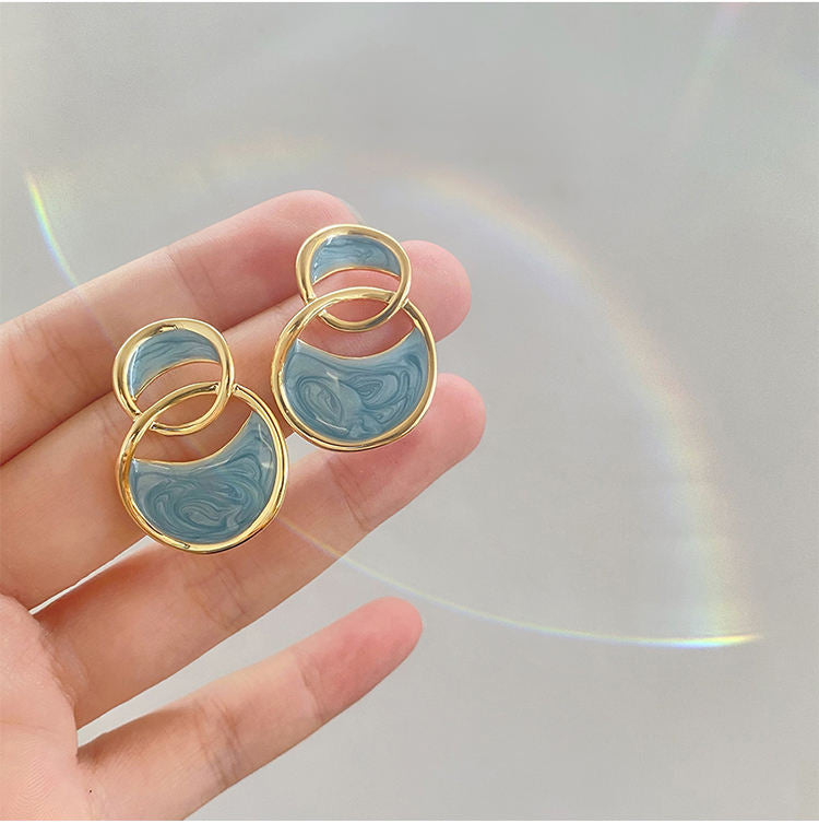 Blue Enamelled Double Arc Cross Enamel Stud Earring