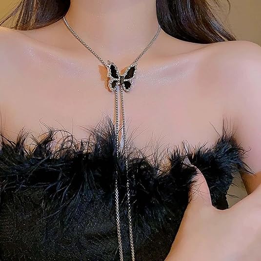 Adjustable Black Butterfly Long Chain Necklace