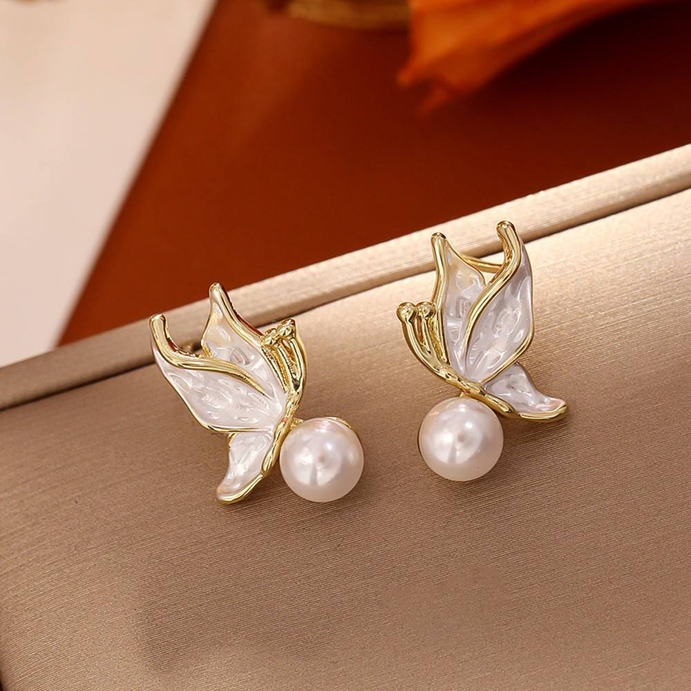 Enamel Butterfly Pearl Stud Earrings