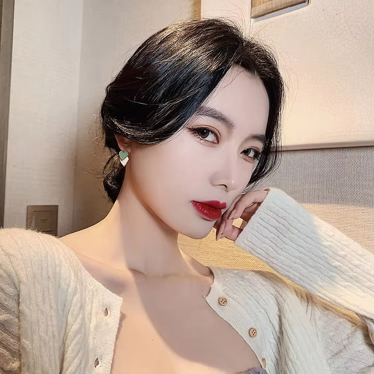 Triple Heart Enamel Green Tone Earrings