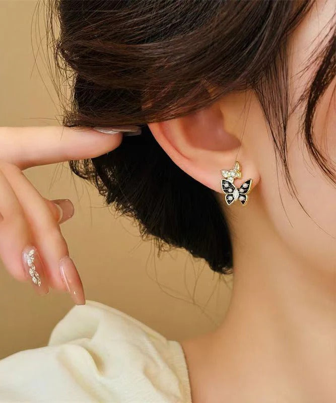 Dual Butterfly Drip Glaze Pearl Stud Earrings