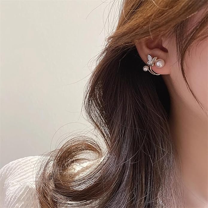 Elegant Enamel Drop Korean Butterfly Earrings – Pearl Stud