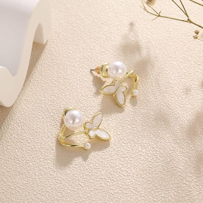 Elegant Enamel Drop Korean Butterfly Earrings – Pearl Stud