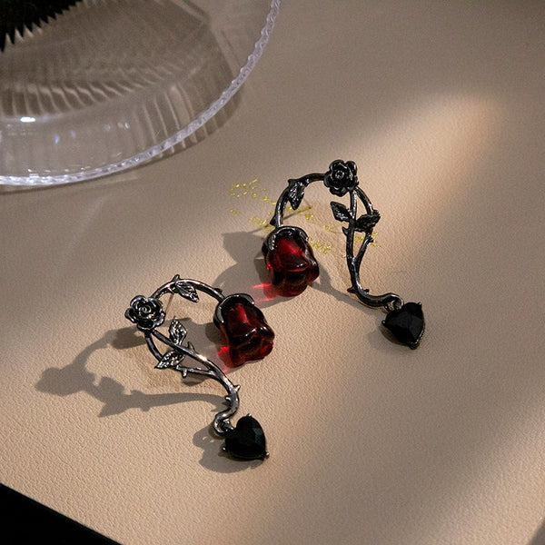 High-End Dark Vibes Liquid Rose Goth Style Earrings