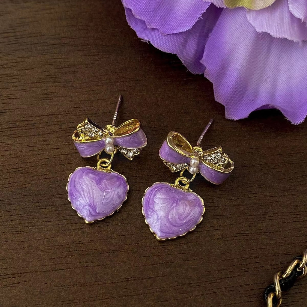 Lavender Bowknot Heart Drop Earrings