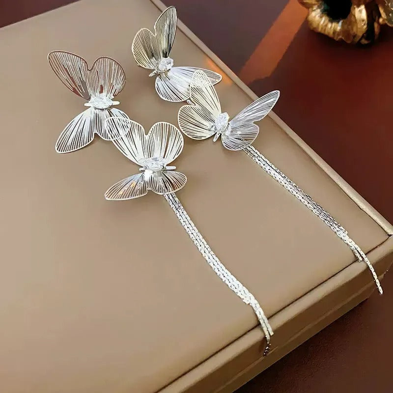 Elegant Butterflies sliver Long Earrings