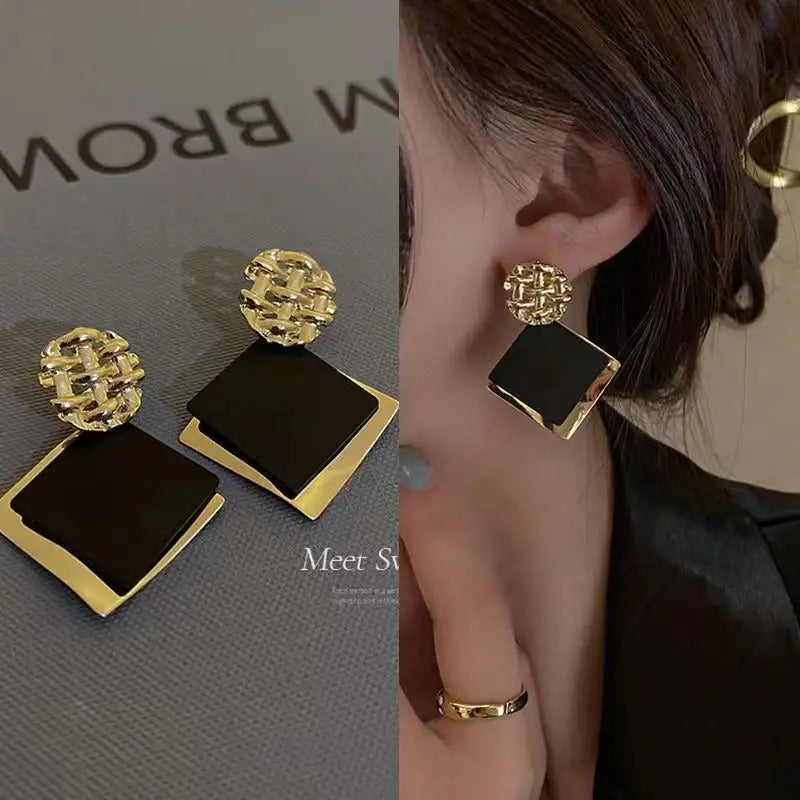 Black & Gold Geometric Square Drop Earrings