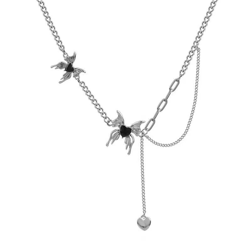 Black Butterfly Heart Tassel Necklace