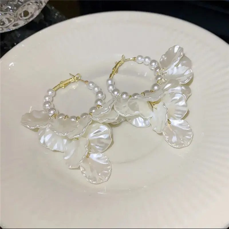 Lightweight Pearl Shell Flower Drop Hoop Earrings