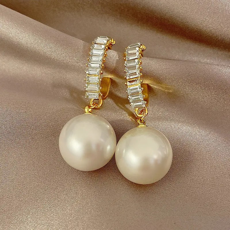 Clip Diamond Hoop Pearl Drop Earrings