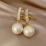Clip Diamond Hoop Pearl Drop Earrings