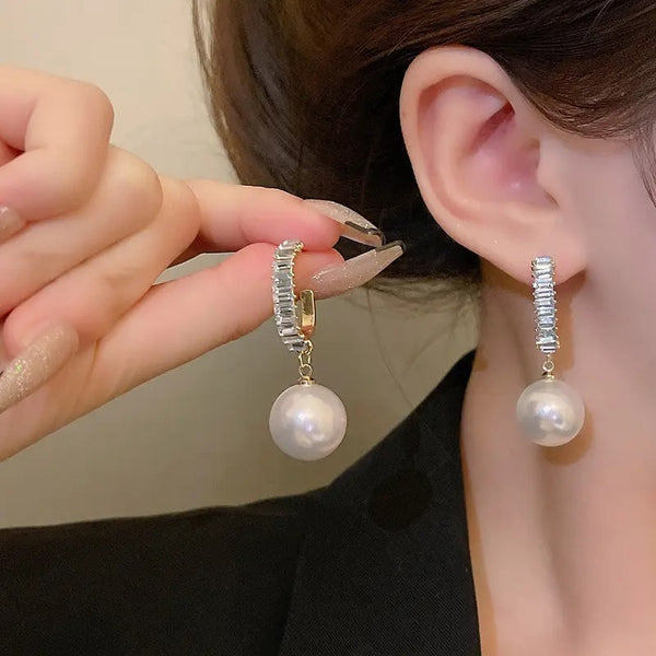 Clip Diamond Hoop Pearl Drop Earrings
