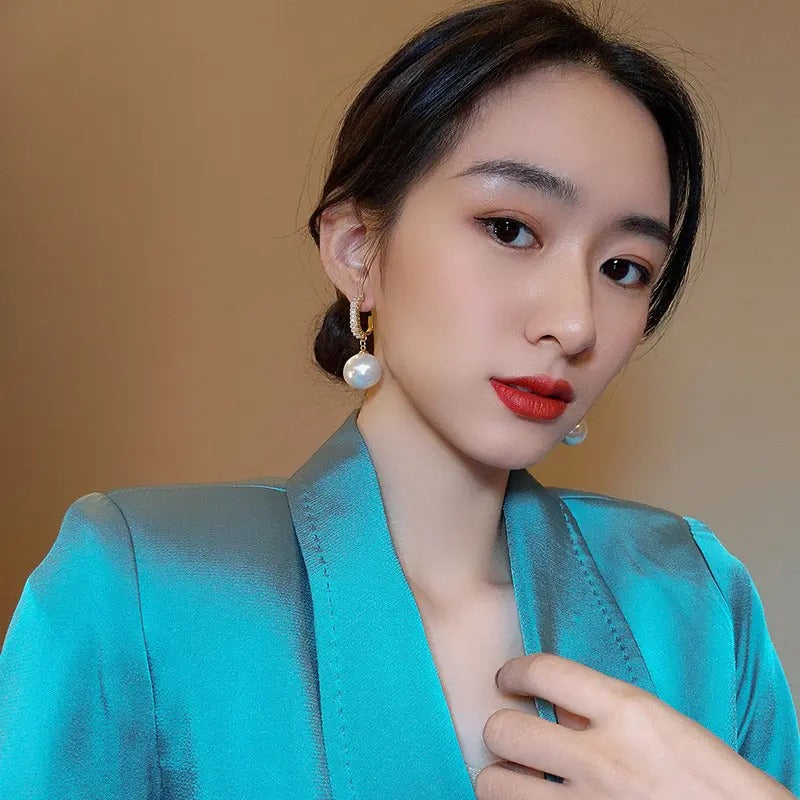 Clip Diamond Hoop Pearl Drop Earrings