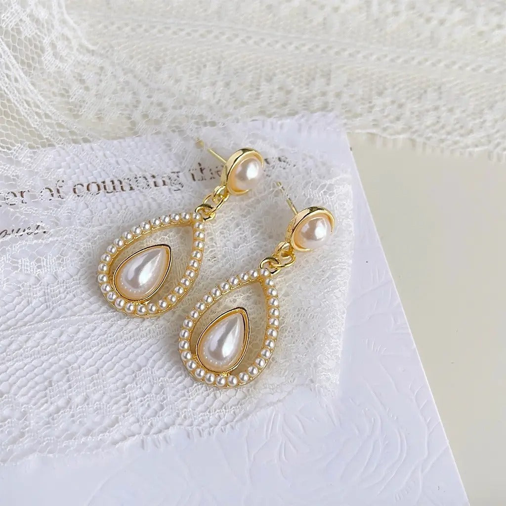 Pearl Tear Drop Geometric Hollow Earrings