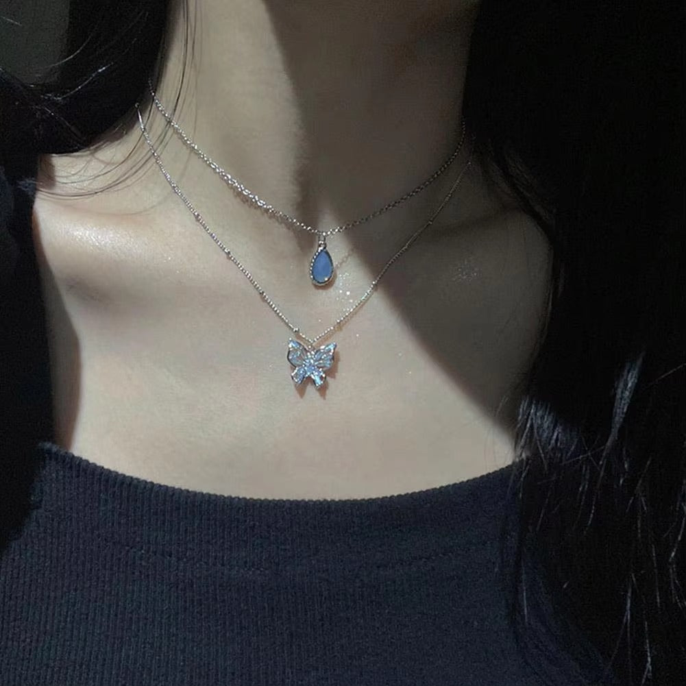 Dual Chain Butterly & Blue Stone Necklace