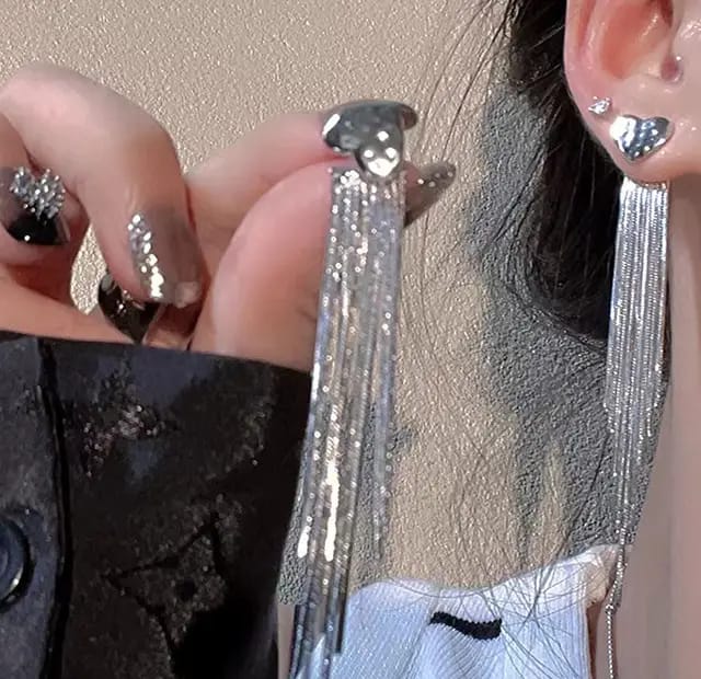 Heart Long Silver Tassel Earrings