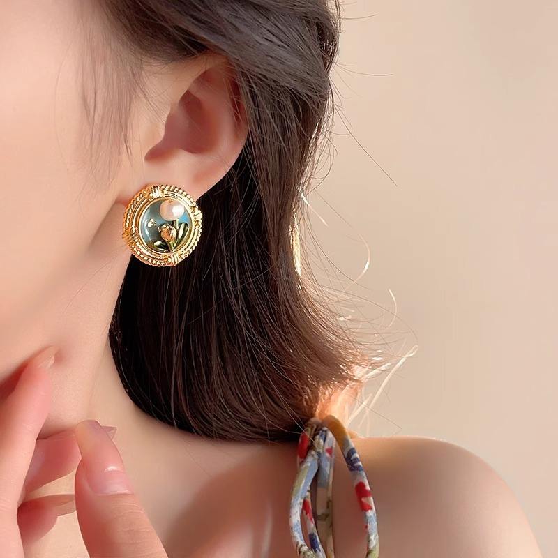 Vintage Monet Garden Styled Oil Painting Stud Earrings