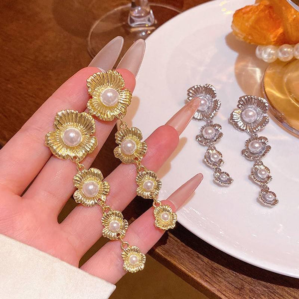 Pearl FlowerLong Tassel  Earrings