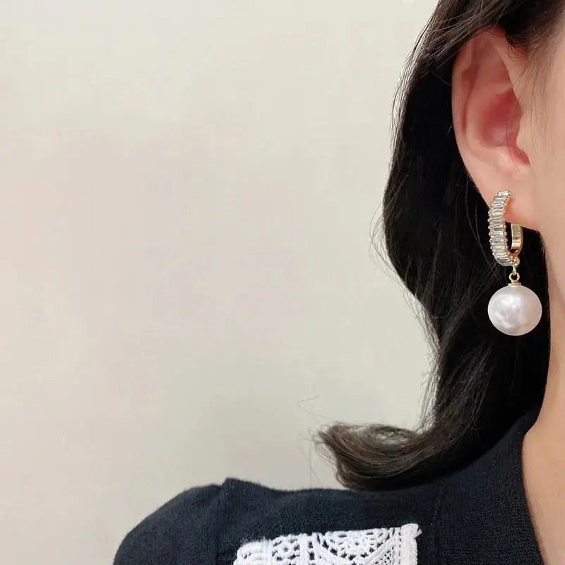 Clip Diamond Hoop Pearl Drop Earrings