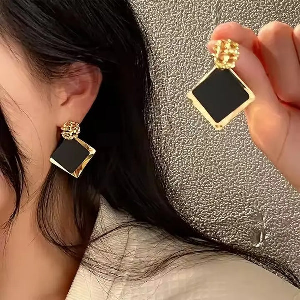 Black & Gold Geometric Square Drop Earrings