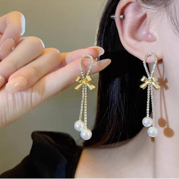 Stone-Chain Bowknot Pearl Long Earring