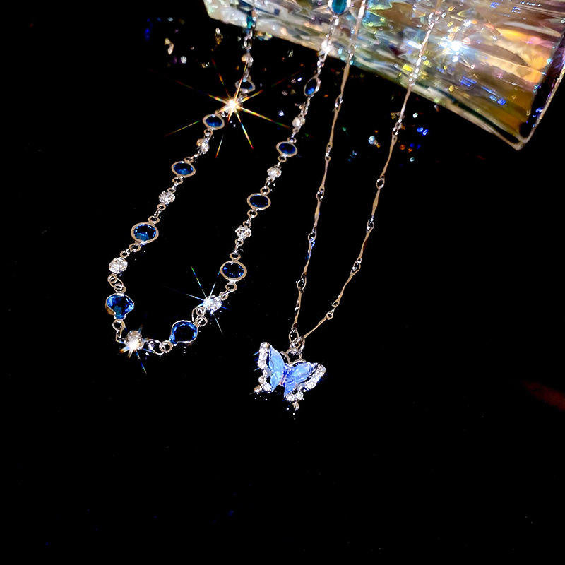 Two Layer Blue Theme Butterfly & Stone Necklace